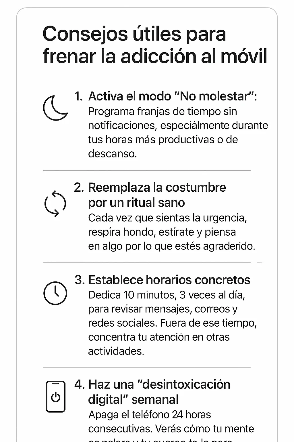 Infografía vertical de aspecto minimalista con borde delgado y tipografía sans-serif. En la parte superior se lee el título “Consejos útiles para frenar la adicción al móvil”. Debajo, cuatro secciones numeradas con iconos sencillos.