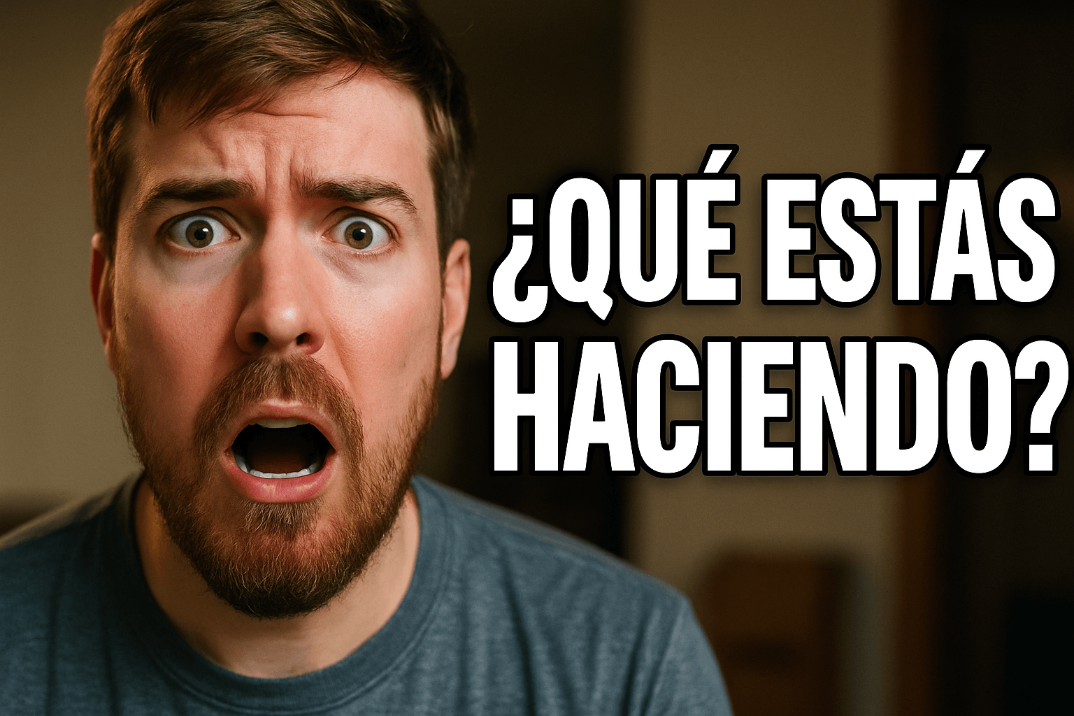 Primer plano hiperrealista de un hombre adulto, con expresión de sorpresa y desconcierto, mirando directamente a la cámara. A su lado derecho, en letras blancas gruesas y con borde negro, aparece el texto: “¿QUÉ ESTÁS HACIENDO?”, posicionado de forma que se ve claramente, con márgenes amplios alrededor.