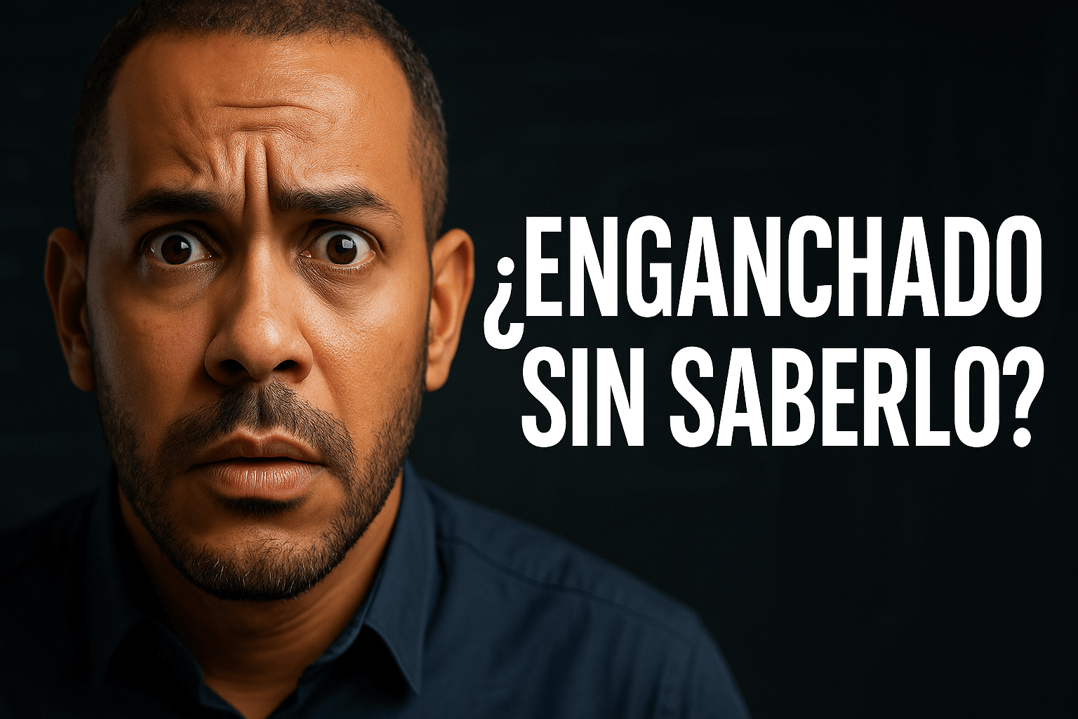Aquí está la imagen hiperrealista en formato horizontal 16:9, estilo miniatura de YouTuber, que muestra a una persona adulta con expresión de sorpresa y curiosidad, junto con el título provocativo “¿Enganchado Sin Saberlo?” para complementar tu artículo.