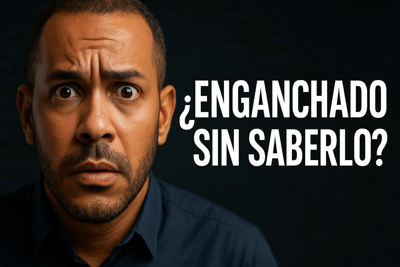 Aquí está la imagen hiperrealista en formato horizontal 16:9, estilo miniatura de YouTuber, que muestra a una persona adulta con expresión de sorpresa y curiosidad, junto con el título provocativo “¿Enganchado Sin Saberlo?” para complementar tu artículo.