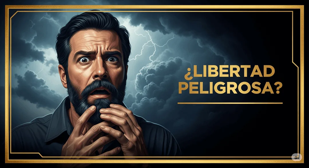 Hombre con expresión de miedo intenso frente a un cielo tormentoso. Título: "¿Libertad Peligrosa?"